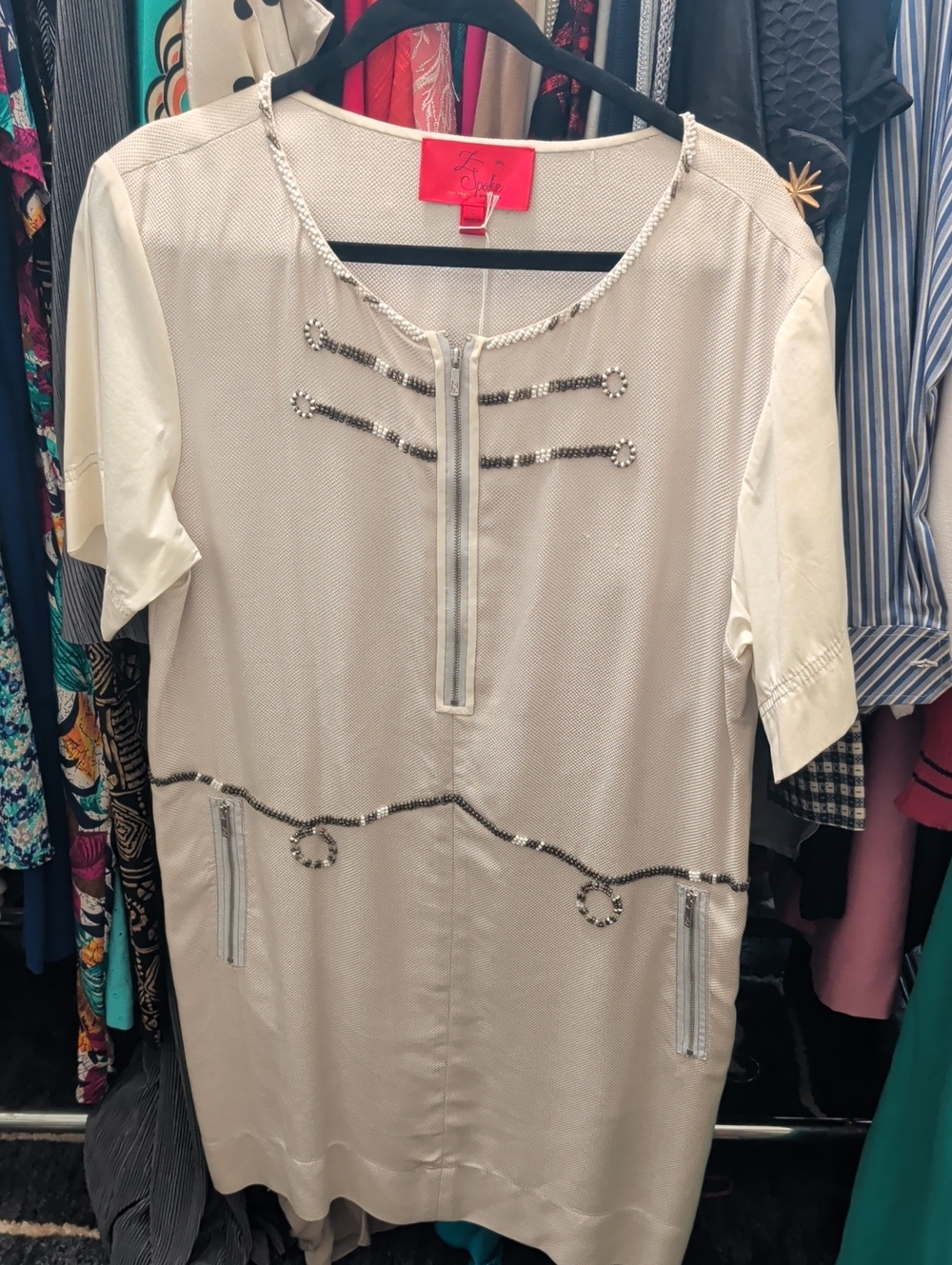 Zac Posen Cream Embellished Short-Sleeve Midi Dress